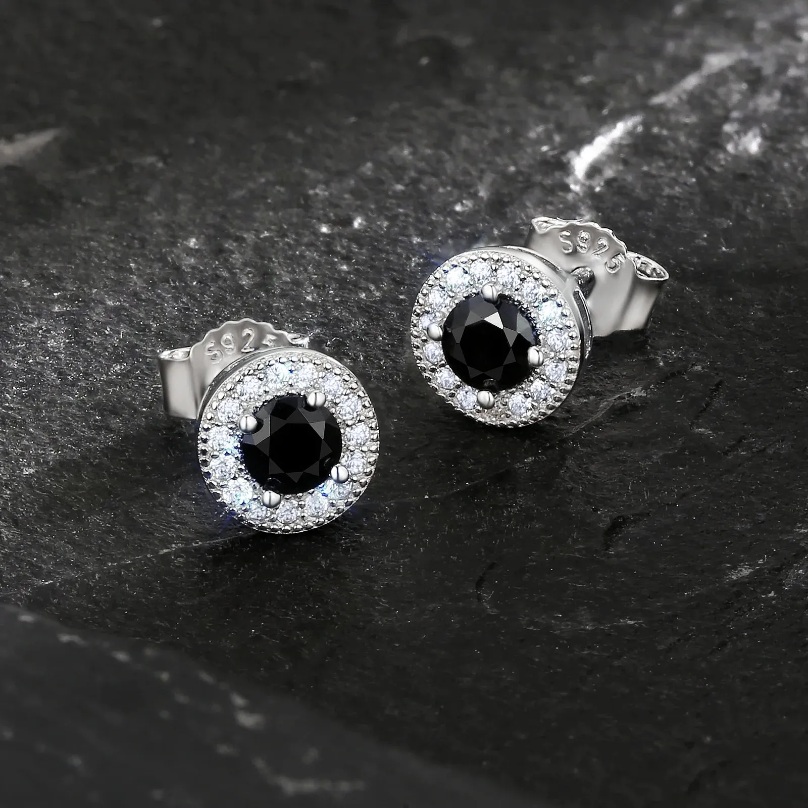 7.5mm Black Diamond Round Stud Earrings in White Gold