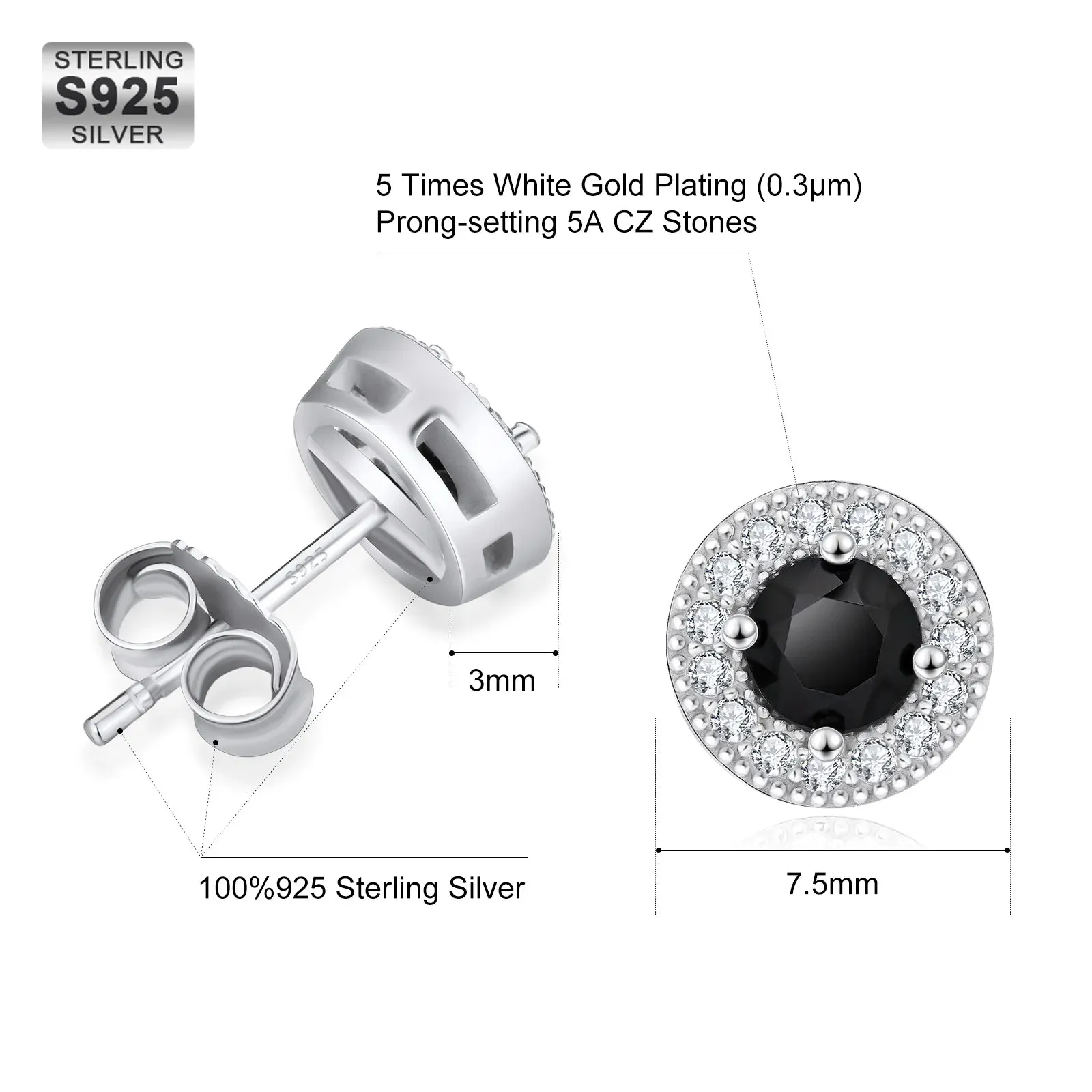 7.5mm Black Diamond Round Stud Earrings in White Gold