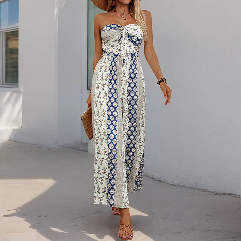Boho Strapless Printed Wide-Leg Jumpsuit with Tie-Front Detail for Effortless Summer Chic