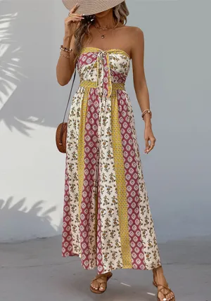 Boho Strapless Printed Wide-Leg Jumpsuit with Tie-Front Detail for Effortless Summer Chic