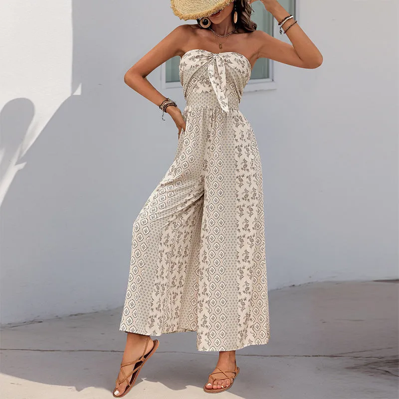 Boho Strapless Printed Wide-Leg Jumpsuit with Tie-Front Detail for Effortless Summer Chic