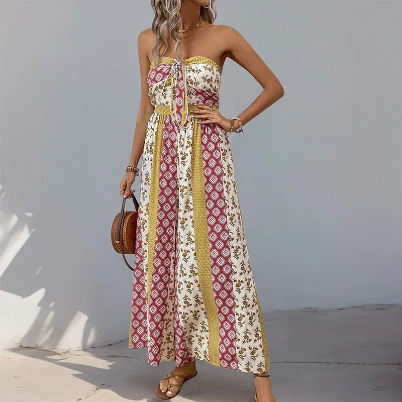 Boho Strapless Printed Wide-Leg Jumpsuit with Tie-Front Detail for Effortless Summer Chic