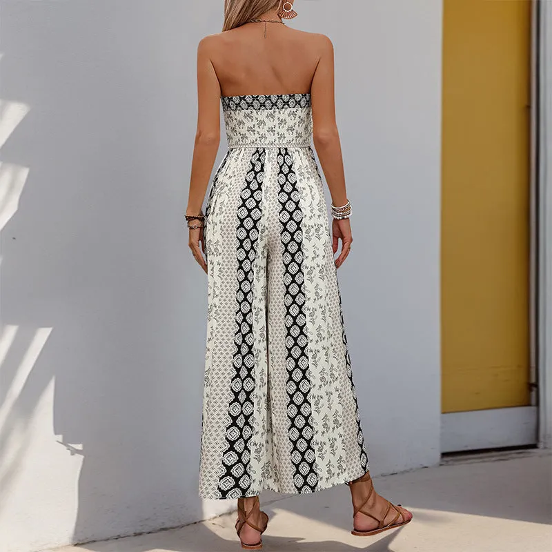 Boho Strapless Printed Wide-Leg Jumpsuit with Tie-Front Detail for Effortless Summer Chic
