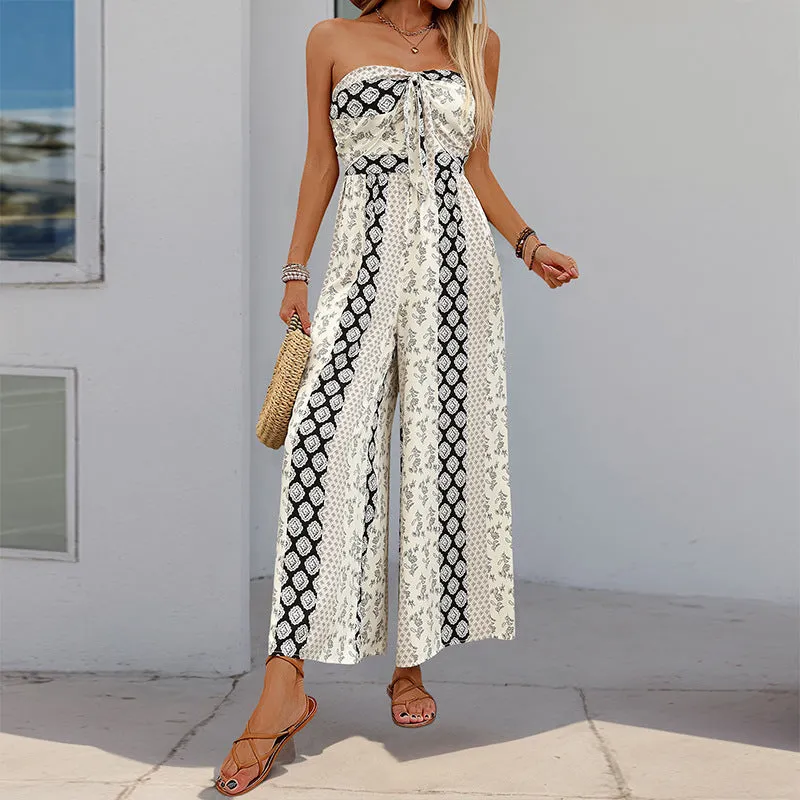 Boho Strapless Printed Wide-Leg Jumpsuit with Tie-Front Detail for Effortless Summer Chic