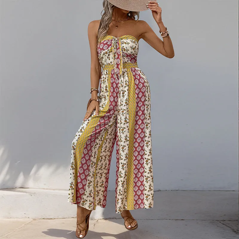 Boho Strapless Printed Wide-Leg Jumpsuit with Tie-Front Detail for Effortless Summer Chic