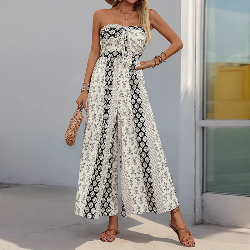 Boho Strapless Printed Wide-Leg Jumpsuit with Tie-Front Detail for Effortless Summer Chic