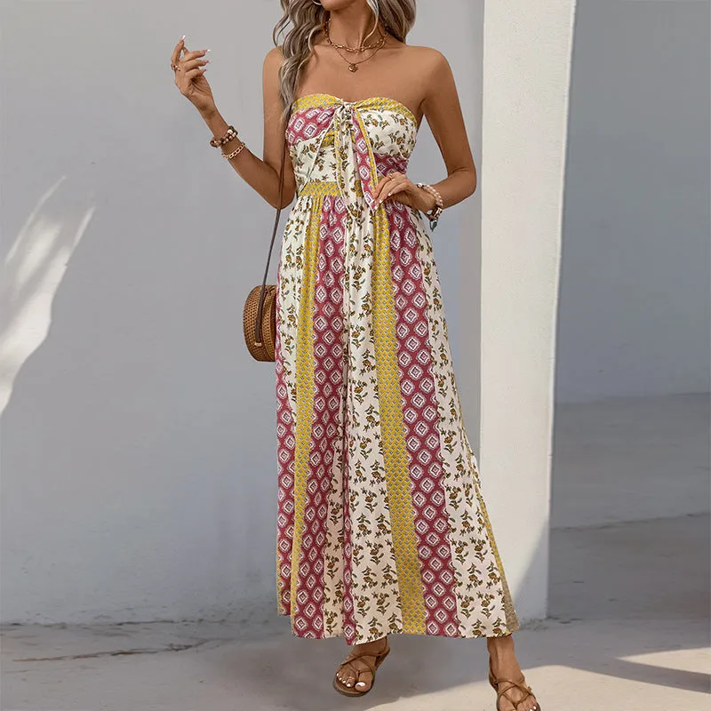Boho Strapless Printed Wide-Leg Jumpsuit with Tie-Front Detail for Effortless Summer Chic