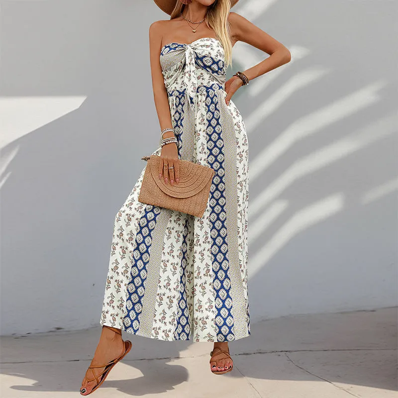 Boho Strapless Printed Wide-Leg Jumpsuit with Tie-Front Detail for Effortless Summer Chic