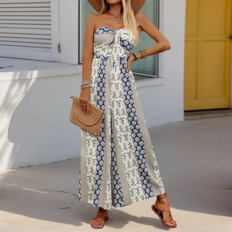 Boho Strapless Printed Wide-Leg Jumpsuit with Tie-Front Detail for Effortless Summer Chic