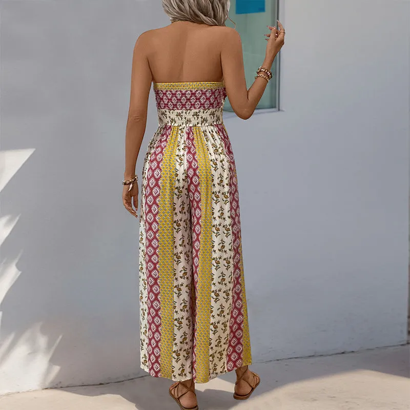 Boho Strapless Printed Wide-Leg Jumpsuit with Tie-Front Detail for Effortless Summer Chic