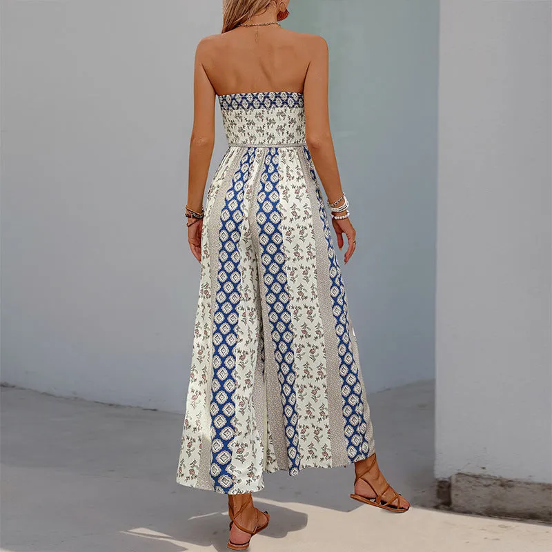 Boho Strapless Printed Wide-Leg Jumpsuit with Tie-Front Detail for Effortless Summer Chic