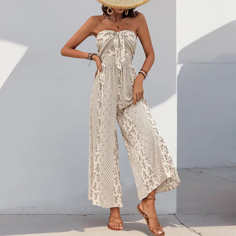 Boho Strapless Printed Wide-Leg Jumpsuit with Tie-Front Detail for Effortless Summer Chic