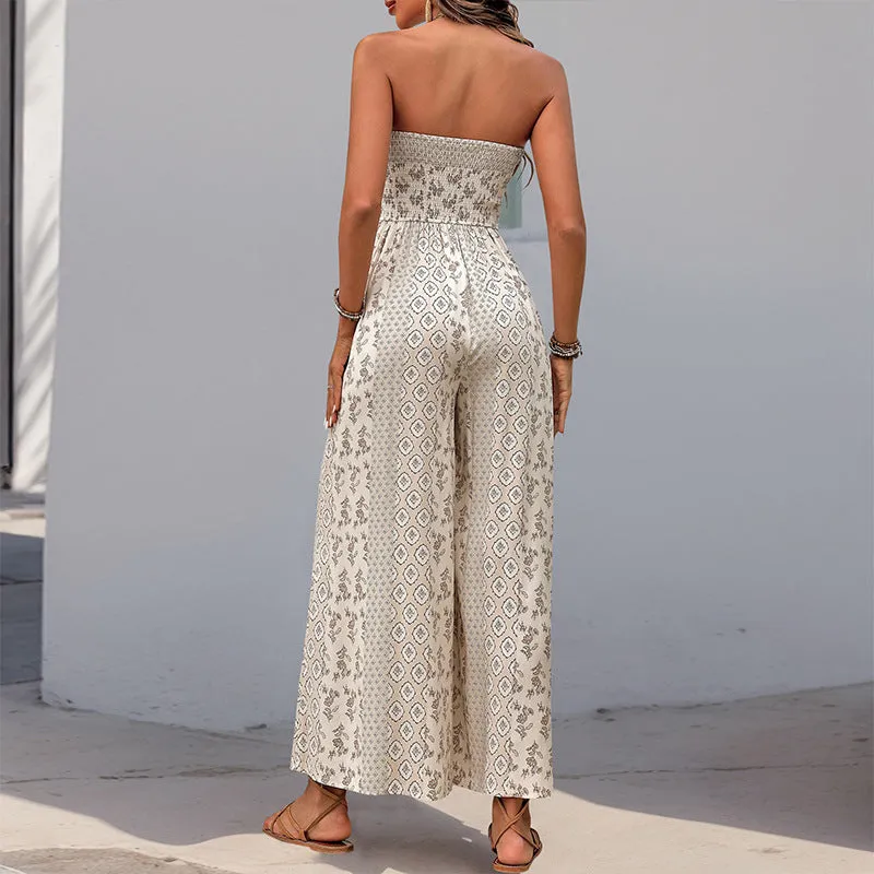 Boho Strapless Printed Wide-Leg Jumpsuit with Tie-Front Detail for Effortless Summer Chic