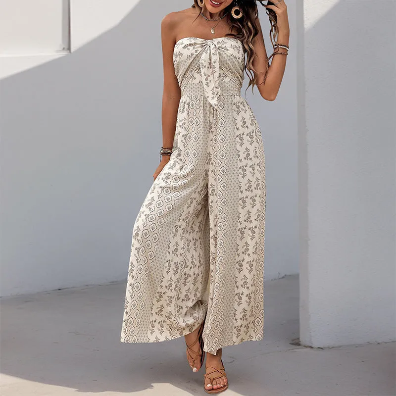 Boho Strapless Printed Wide-Leg Jumpsuit with Tie-Front Detail for Effortless Summer Chic
