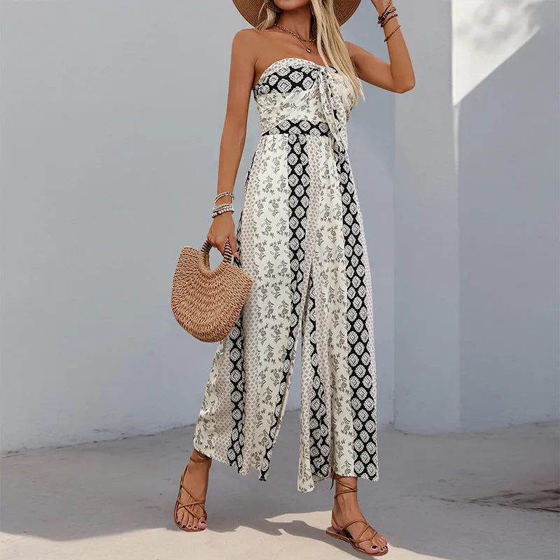 Boho Strapless Printed Wide-Leg Jumpsuit with Tie-Front Detail for Effortless Summer Chic