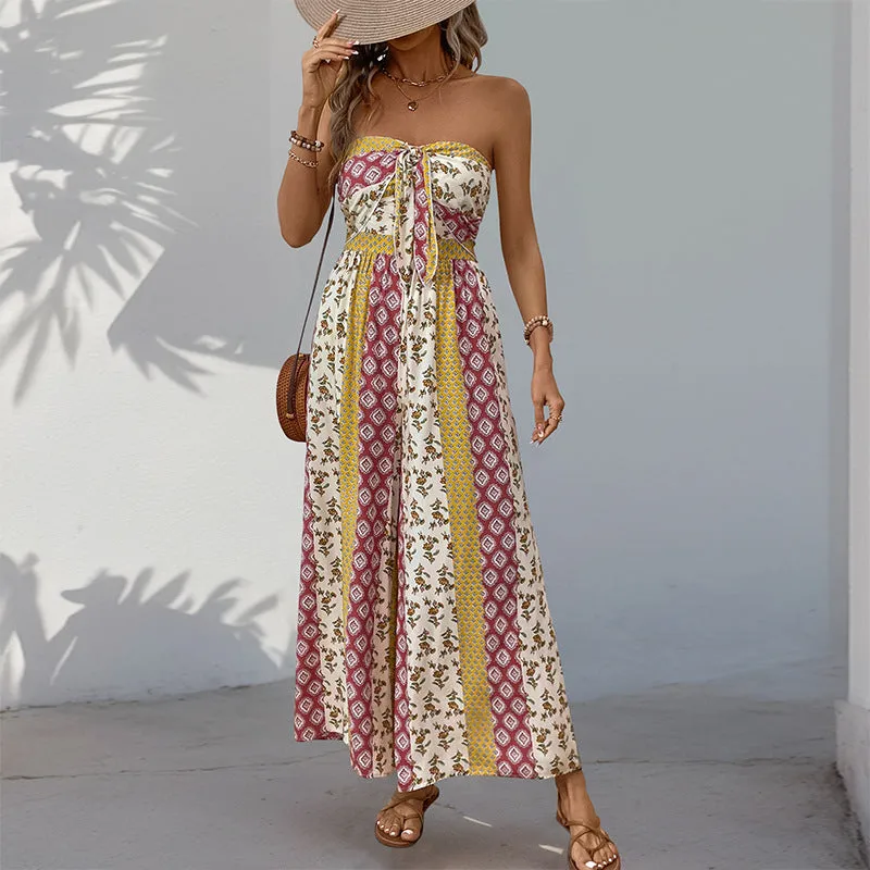 Boho Strapless Printed Wide-Leg Jumpsuit with Tie-Front Detail for Effortless Summer Chic
