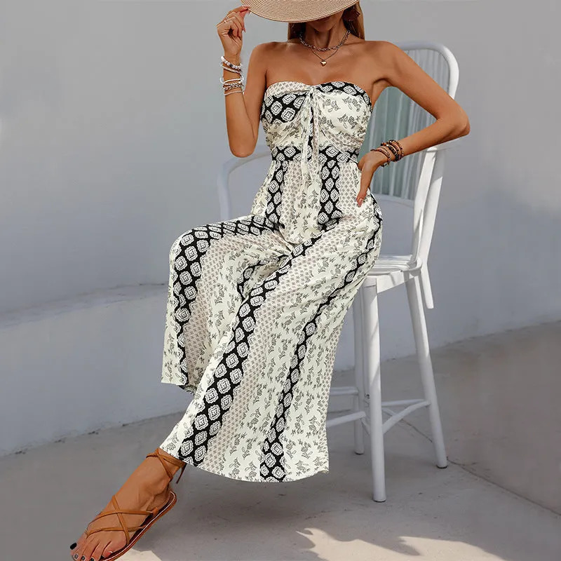Boho Strapless Printed Wide-Leg Jumpsuit with Tie-Front Detail for Effortless Summer Chic