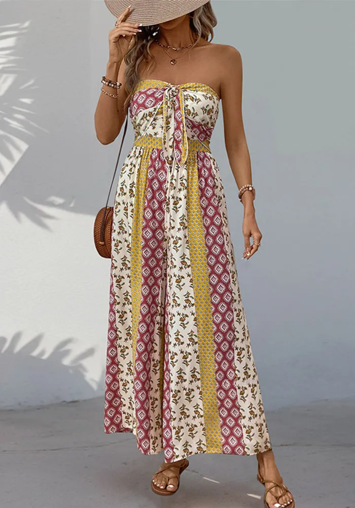 Boho Strapless Printed Wide-Leg Jumpsuit with Tie-Front Detail for Effortless Summer Chic