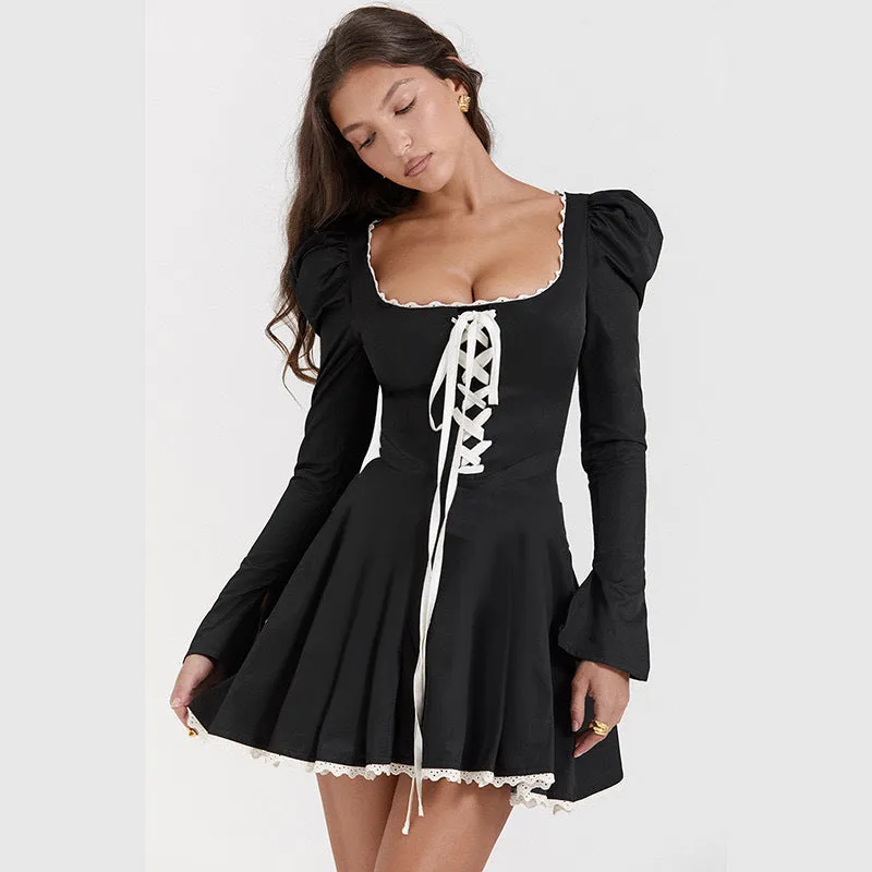 Chic Lace-Up Waist U-Neck Lace Dress with Elegant Bubble Sleeves