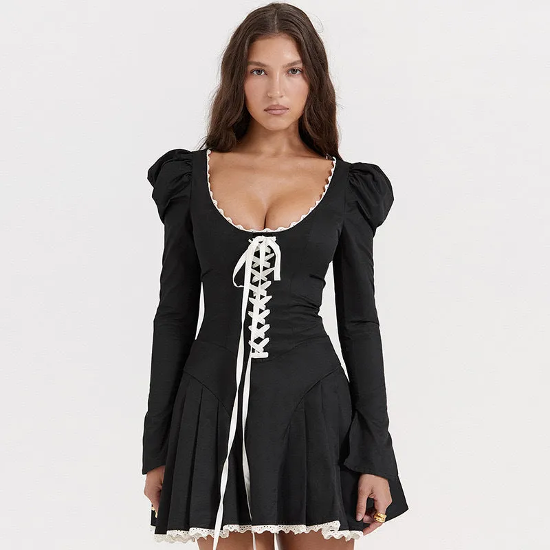 Chic Lace-Up Waist U-Neck Lace Dress with Elegant Bubble Sleeves
