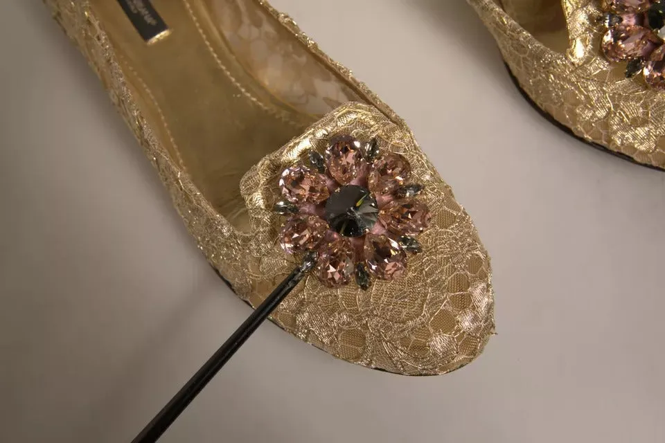 Gold Crystal Loafer Lace Ballet Flats Shoes