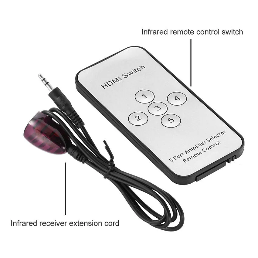 HDMI 5 Port Switch Switcher 1080P 3D HDMI Splitter with IR Wireless Remote Control for HDTV DVD PS3 XBox 360 - Black