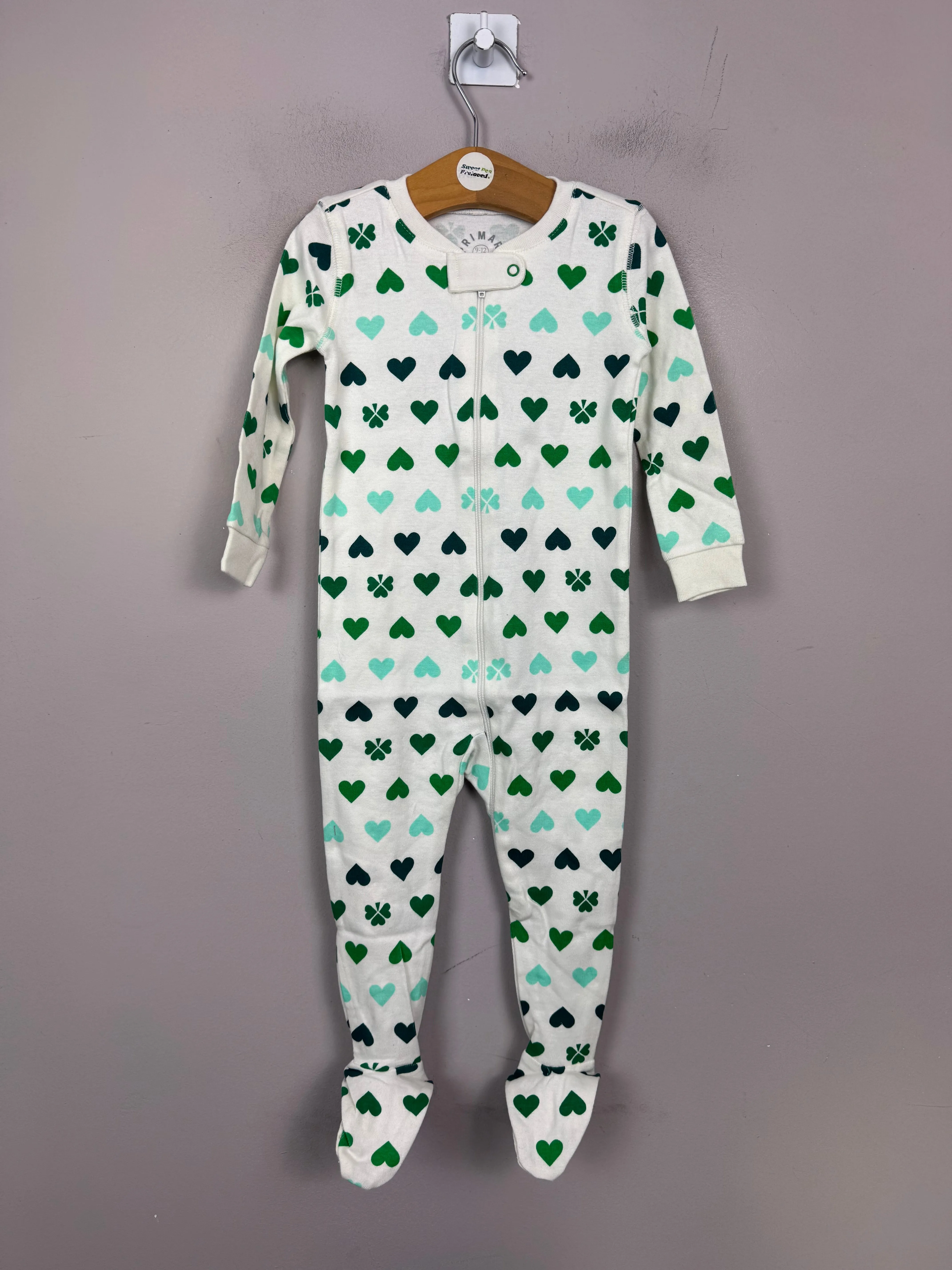 Primary Organic Sleepsuit - Lucky Green Hearts (New) 9-12m