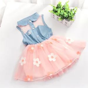 Princess Baby Girls Kids Denim Sleeveless Tops Tulle Tutu Mini Dress 1-4Y