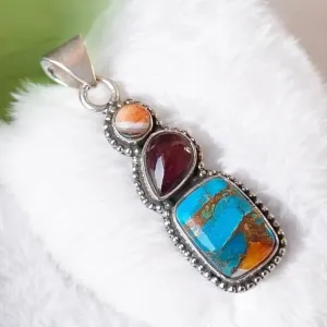 Turquoise & Spiny Oyster & Carnelian Solid 925 Sterling Silver Pendant