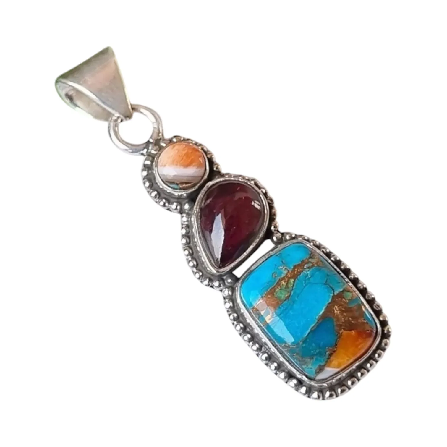 Turquoise & Spiny Oyster & Carnelian Solid 925 Sterling Silver Pendant