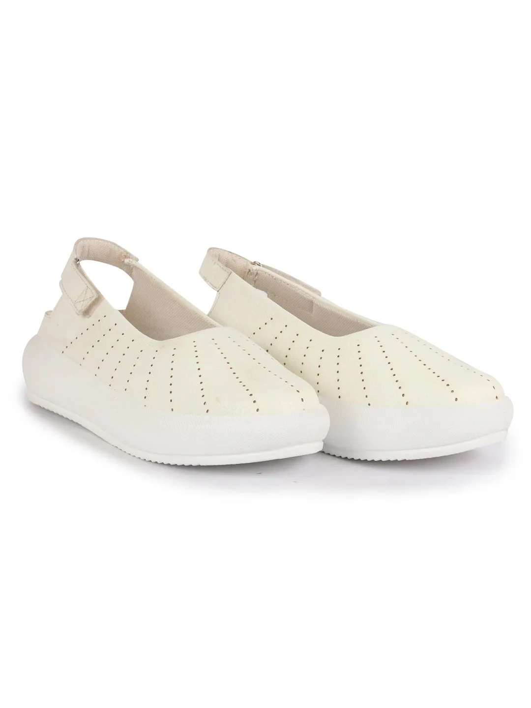Women White Breathable Lazer Cut Design With Backstrap Height Enhancer Hook And Loop Slip On Shoes | Slingback Casual Platform Sandals| Cusioned Insole