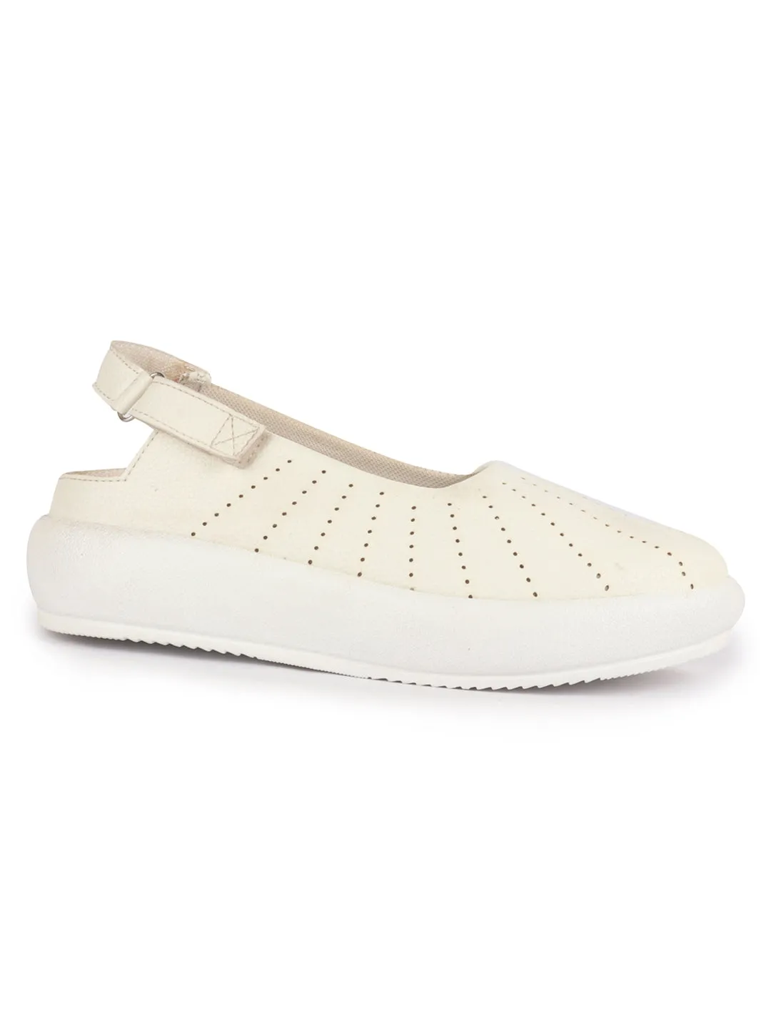 Women White Breathable Lazer Cut Design With Backstrap Height Enhancer Hook And Loop Slip On Shoes | Slingback Casual Platform Sandals| Cusioned Insole
