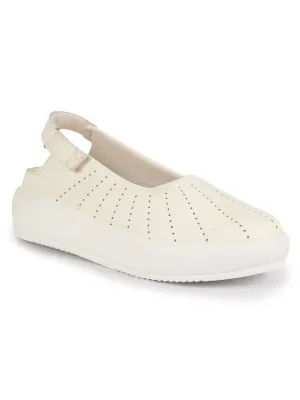 Women White Breathable Lazer Cut Design With Backstrap Height Enhancer Hook And Loop Slip On Shoes | Slingback Casual Platform Sandals| Cusioned Insole
